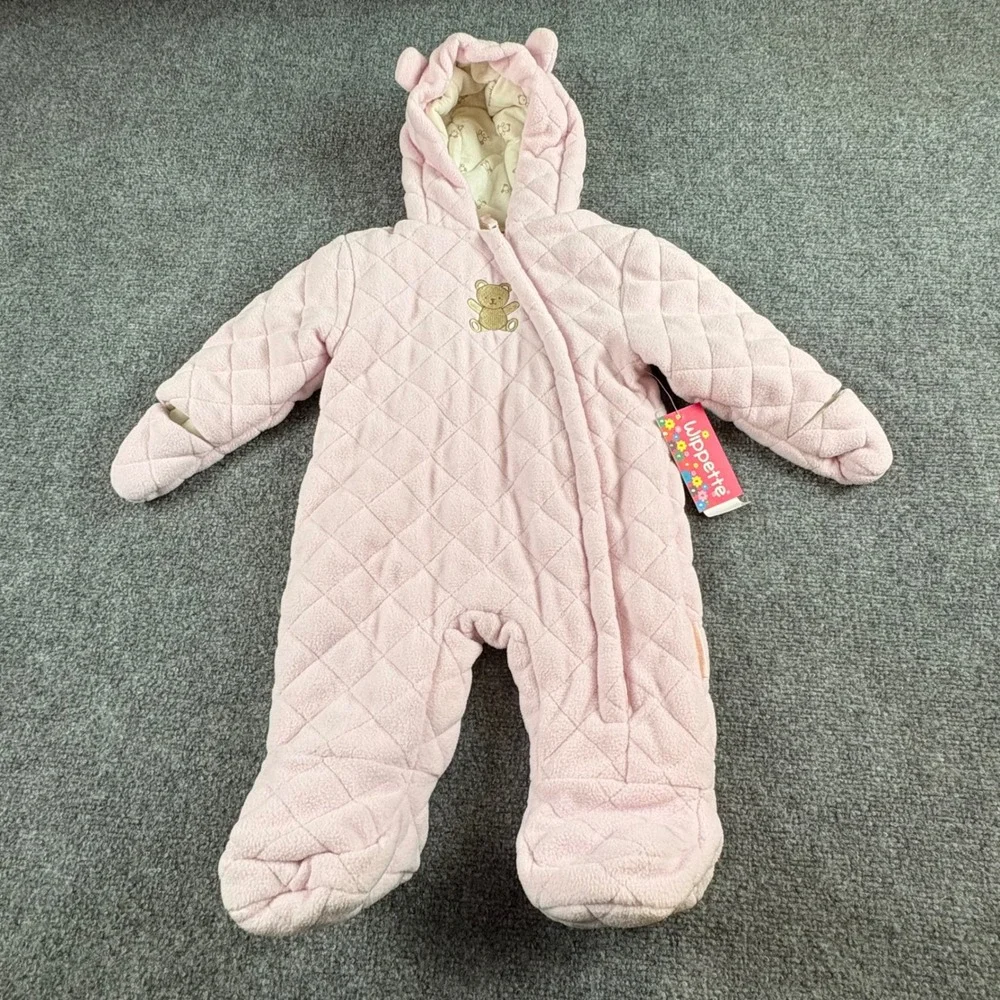 Wippette Bunting Snowsuit Baby Girl 3/6M Pink Quilted Fleece Teddy Bear Hooded‎